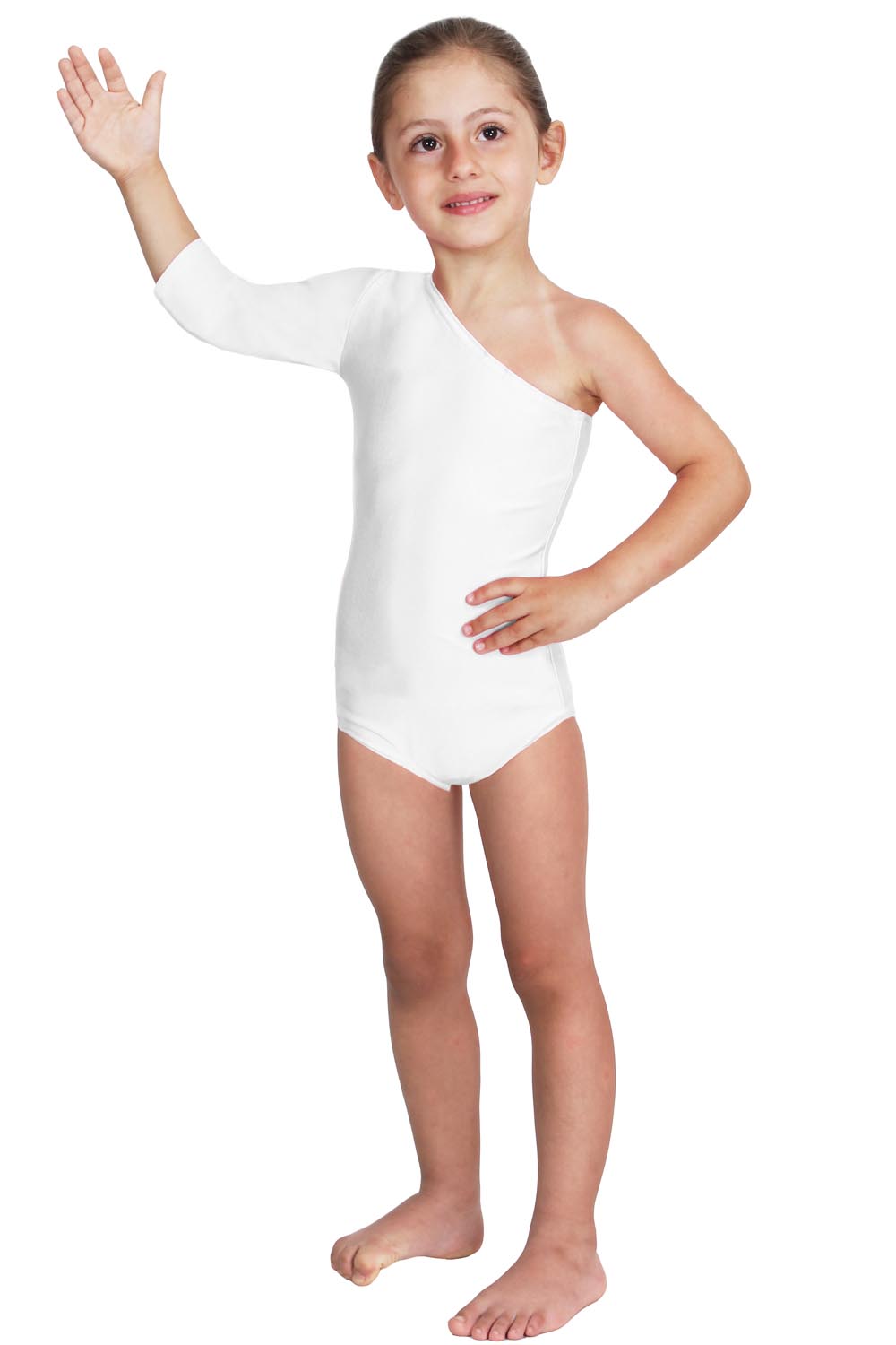 BODY DANZA IN LYCRA MONOSPALLA MANICA TRE QUARTI BIANCO BABY
